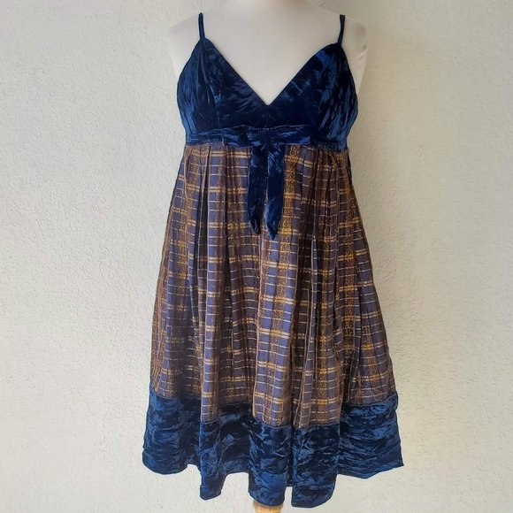 Anna Sui Dresses & Skirts - Anna Sui Blue Gold Velvet Tinsel Plaid Part Mini Dress Spaghetti Straps 4 S Y2K